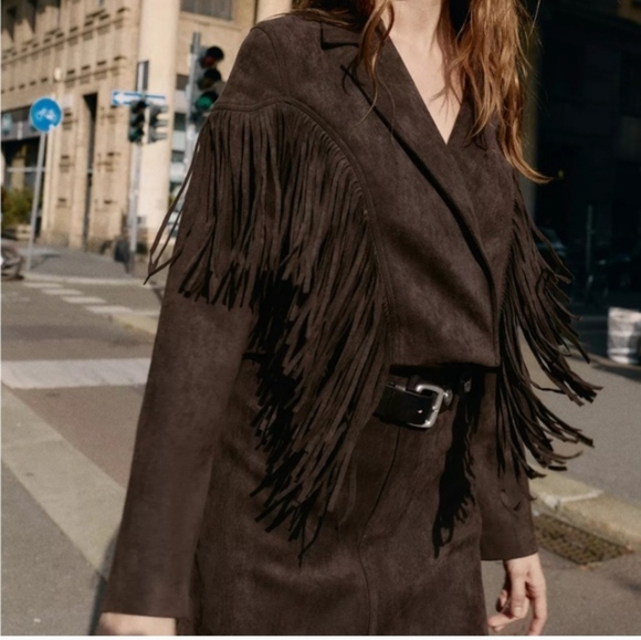 ZARA Fringe Faux Suede Jacket Brown Size Small S NEW - Picture 9 of 16